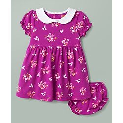 Babyhug Single Jersey Knit Half Sleeves Floral Printed Frock With Bloomer - Purple