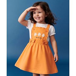 Babyhug Cotton Knit Frocks With Inner Tee with Short Sleeves and Floral Print in Peach for 3-6 Months