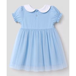 Babyhug Single Jersey Knit Half Sleeves One Piece Dress with Bow Applique - Blue