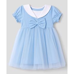 Babyhug Single Jersey Knit Half Sleeves One Piece Dress with Bow Applique - Blue
