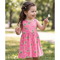Babyhug Single Jersey Sleeveless Frock With Strawberry Print - Pink