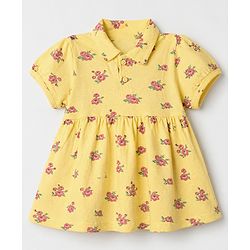 Babyhug Cotton Knit One Piece Dress with Half Sleeves and Floral Print in Yellow for 6-9 Months