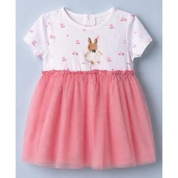Babyhug Cotton Knit Half Sleeves Frock With Rabbit Applique in Pink