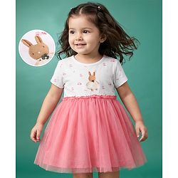 Babyhug Cotton Knit Half Sleeves Frock With Rabbit Applique in Pink