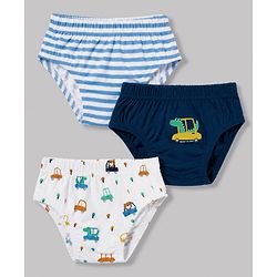 Babyhug 100% Cotton Single Jersey Knit Striped Antibacterial Briefs With Vehicle Print Pack of 3 - Multicolor