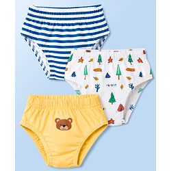 Babyhug 100% Cotton Single Jersey Knit Striped & Bear Printed Antibacterial Briefs Pack of 3 - White Blue & Yellow