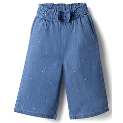 Babyhug 100% Cotton Denim Culottes Style Capris with Bow & Polka Dots Print - Blue