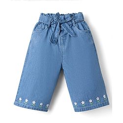 Babyhug 100% Cotton Denim Ankle Length Capris With Floral Embroidery - Blue
