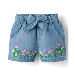Babyhug Mid Thigh 100% Cotton Denim Shorts With Flower Embroidery - Blue