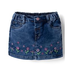 Babyhug Denim Mid Thigh Skirts with Floral Embroidery - Blue