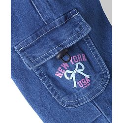 Babyhug Cotton Mixes Denim Jeans with Stretch and New York Bow Print and Cargo Pockets in Blue