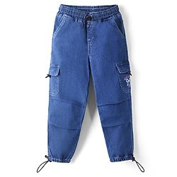 Babyhug Cotton Mixes Denim Jeans with Stretch and New York Bow Print and Cargo Pockets in Blue