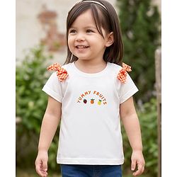 Babyhug 100% Cotton Knit Half Sleeves Tropical Theme Embroidered T-Shirt With Bow Applique - White
