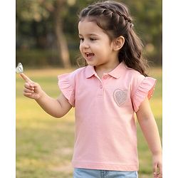 Babyhug 100% Cotton Knit Flutter Sleeves Polo T-Shirt With Hearts Stone Detailing - Pink