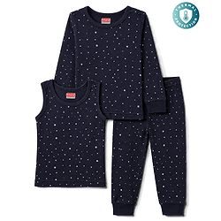 Babyhug Knit Full Sleeves Pullover Star Printed Thermal Inner Wear Set with Vest - Navy