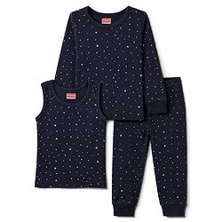 Babyhug Knit Full Sleeves Pullover Star Printed Thermal Inner Wear Set with Vest - Navy