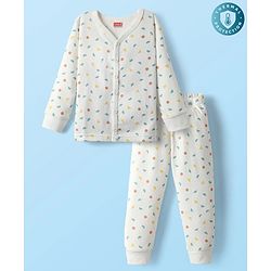 Babyhug Knit Full Sleeves Front Open Printed Thermal Inner Wear Set - Off White