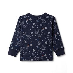Babyhug Knit Full Sleeves Space Theme Printed Thermal Inner Wear Set - Navy