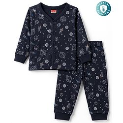 Babyhug Knit Full Sleeves Space Theme Printed Thermal Inner Wear Set - Navy