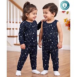 Babyhug Knit Full Sleeves Pullover Space Theme Printed Thermal Inner Wear Set with Vest - Charcoal Grey