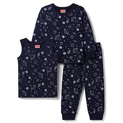 Babyhug Knit Full Sleeves Pullover Space Theme Printed Thermal Inner Wear Set with Vest - Charcoal Grey