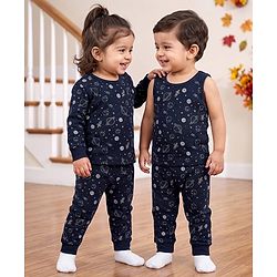 Babyhug Knit Full Sleeves Pullover Space Theme Printed Thermal Inner Wear Set with Vest - Charcoal Grey