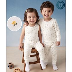 Babyhug Knit Full Sleeves Floral Printed 3 pcs Pullover, Vest & Legging Thermal Wear - Offwhite