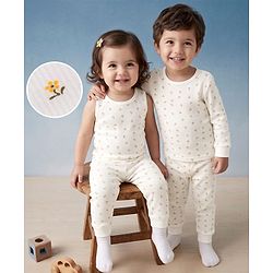 Babyhug Knit Full Sleeves Floral Printed 3 pcs Pullover, Vest & Legging Thermal Wear - Offwhite