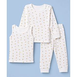 Babyhug Knit Full Sleeves Floral Printed 3 pcs Pullover, Vest & Legging Thermal Wear - Offwhite
