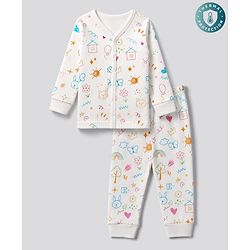 Babyhug Knit Full Sleeves Vest & Pant Thermal Inner Wear with Home Sun Floral Kitten Print - Offwhite