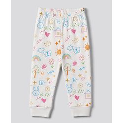 Babyhug Knit Full Sleeves Vest & Pant Thermal Inner Wear with Home Sun Floral Kitten Print - Offwhite