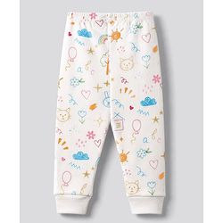 Babyhug Knit Full Sleeves Vest & Pant Thermal Inner Wear with Home Sun Floral Kitten Print - Offwhite