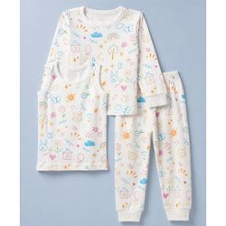 Babyhug Knit Full Sleeves Vests & Pant Thermal Inner Wear with Home Sun Floral Kitten Print - Offwhite