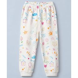 Babyhug Knit Full Sleeves Vests & Pant Thermal Inner Wear with Home Sun Floral Kitten Print - Offwhite
