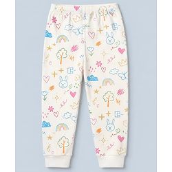 Babyhug Knit Full Sleeves Vests & Pant Thermal Inner Wear with Home Sun Floral Kitten Print - Offwhite
