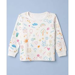 Babyhug Knit Full Sleeves Vests & Pant Thermal Inner Wear with Home Sun Floral Kitten Print - Offwhite