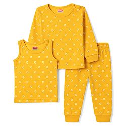 Babyhug Knit Full Sleeves Pullover Star Printed Thermal Inner Wear Set with Vest - Yellow