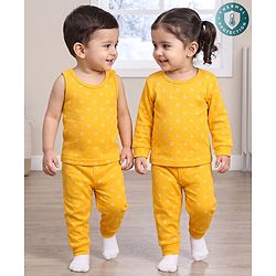Babyhug Knit Full Sleeves Pullover Star Printed Thermal Inner Wear Set with Vest - Yellow