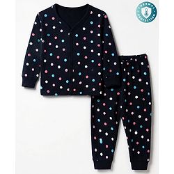 Babyhug Cotton Mix Knit Vest & Pant Thermal Set with Polka Dots in Navy Blue