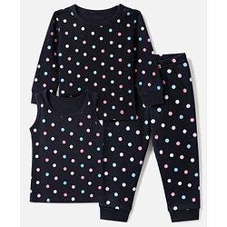 Babyhug Cotton Mixes Knit Half Sleeves Vest, Full Sleeve Pullover & Legging Thermal Set with Polka Dots Print - Navy Blue