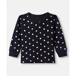 Babyhug Cotton Mixes Knit Half Sleeves Vest, Full Sleeve Pullover & Legging Thermal Set with Polka Dots Print - Navy Blue