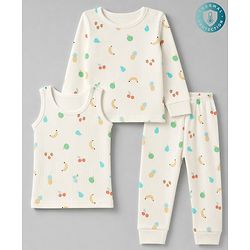 Babyhug Knit Full Sleeves Fruits Printed Co-Ords Pullover Vest & Pant Thermal Inner Wear Set - OffWhite