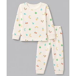 Babyhug Knit Full Sleeves Fruits Printed Co-Ords Pullover Vest & Pant Thermal Inner Wear Set - OffWhite