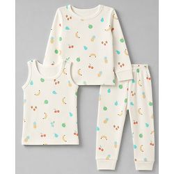 Babyhug Knit Full Sleeves Fruits Printed Co-Ords Pullover Vest & Pant Thermal Inner Wear Set - OffWhite