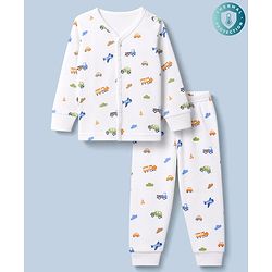 Babyhug Knit Full Sleeves Vehicles Printed Co-Ords Two Piece Vest & Pant Thermal Inner Wear Set - White