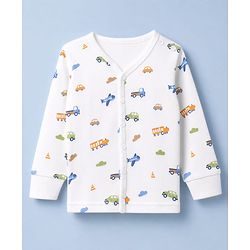Babyhug Knit Full Sleeves Vehicles Printed Co-Ords Two Piece Vest & Pant Thermal Inner Wear Set - White