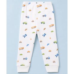 Babyhug Knit Full Sleeves Vehicles Printed Co-Ords Three Piece Pullover Vest & Pant Thermal Inner Wear Set - White