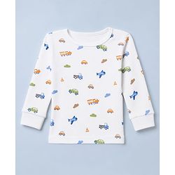 Babyhug Knit Full Sleeves Vehicles Printed Co-Ords Three Piece Pullover Vest & Pant Thermal Inner Wear Set - White
