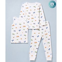Babyhug Knit Full Sleeves Vehicles Printed Co-Ords Three Piece Pullover Vest & Pant Thermal Inner Wear Set - White