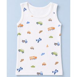 Babyhug Knit Full Sleeves Vehicles Printed Co-Ords Three Piece Pullover Vest & Pant Thermal Inner Wear Set - White